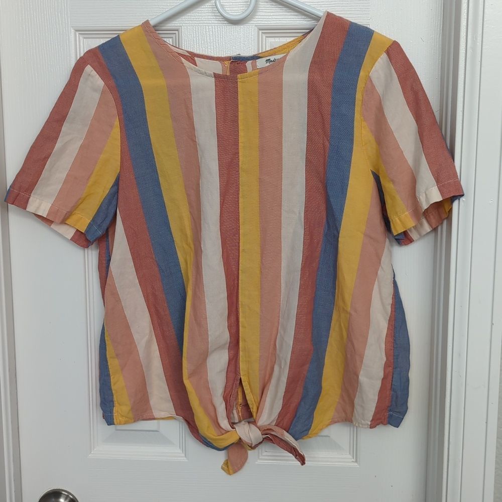 Madewell Striped Short Sleeve Tie-Front Top Button-Back Shirt Size M